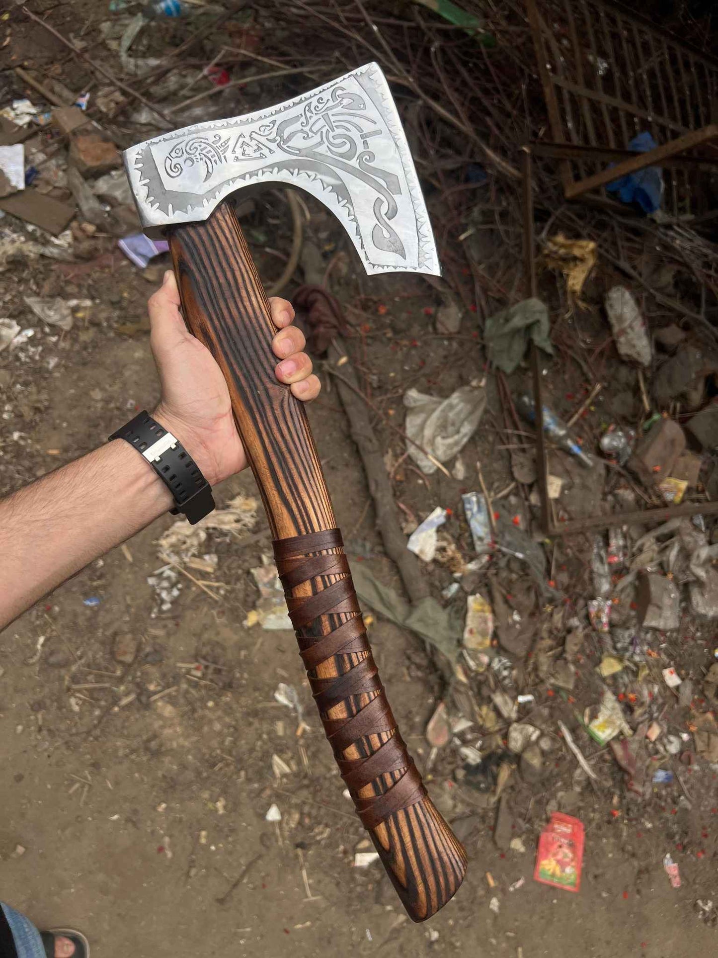 Personalized Viking Bearded Axe – Hand-Forged High Carbon Steel Battle Axe with Ash Wood Handle & Leather Sheath | Engraved Collectible Gift for Him, Groomsmen, Father’s Day