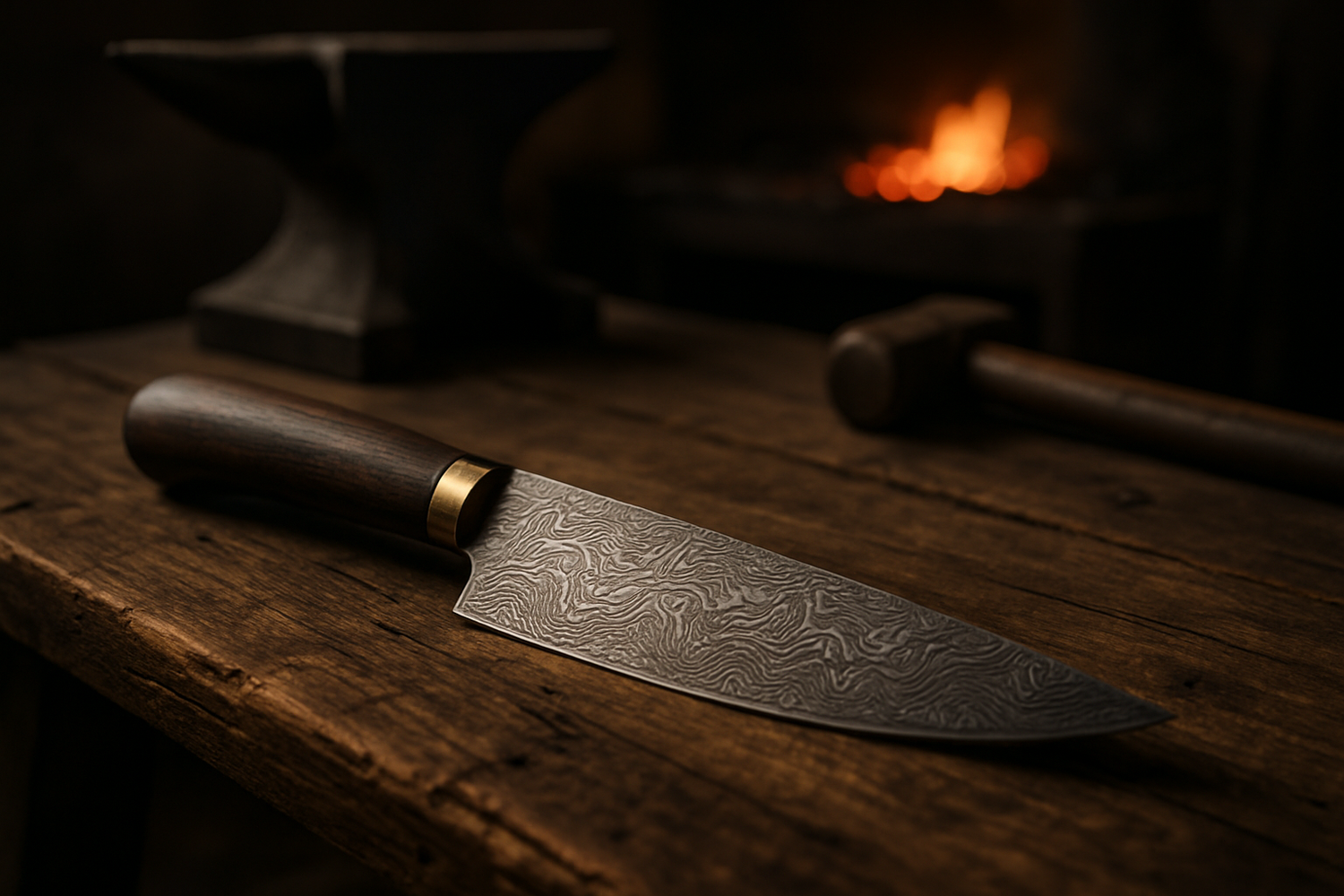 A dramatic lifestyle photo of a hand-forged Damascus steel knife on a rustic wooden table, with warm natural light highlighting the intricate blade patterns. The background shows subtle blacksmithing elements — an anvil, glowing forge embers, and a hammer out of focus. The mood is powerful, artisan, and premium — like a timeless tool forged in fire and tradition.