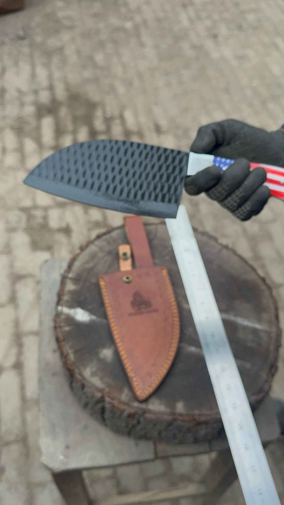 Personalized American Flag Handle Chopper Knife – Black Powder Coated Blade, Handmade Gift for Him, Dad, or Anniversary