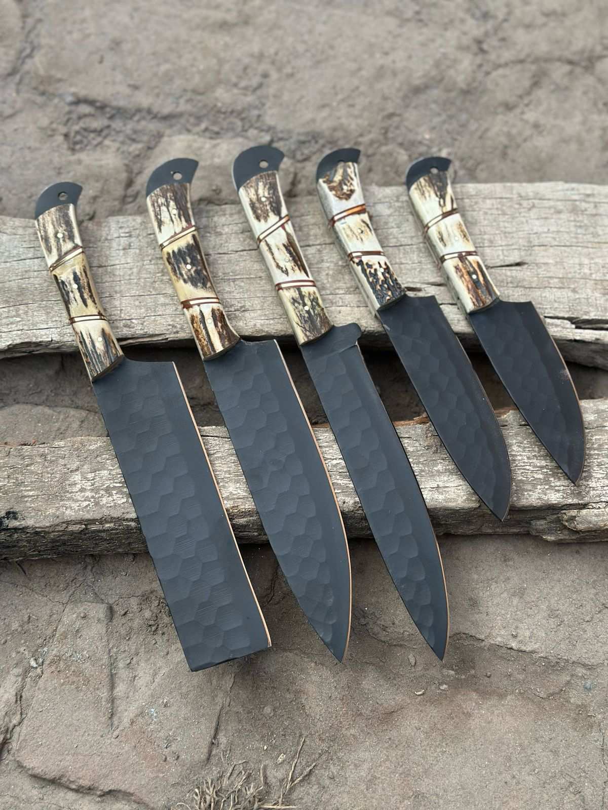 Personalized Chef set Handmade Carbon Steel Chef Knife Set Deer horn handle Gift For Father Kitchen Knife Groomsmen Wedding Gift For Him