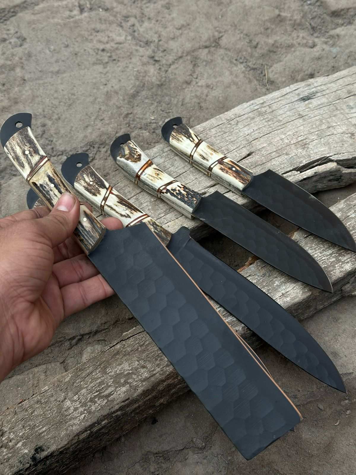 Personalized Chef set Handmade Carbon Steel Chef Knife Set Deer horn handle Gift For Father Kitchen Knife Groomsmen Wedding Gift For Him