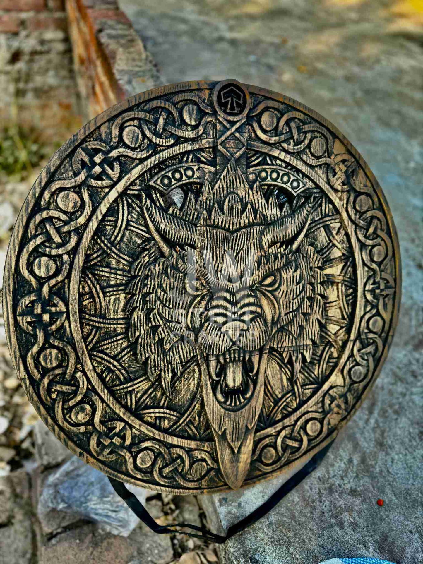 Handmade Viking Axe with Wolf Engraving & Wooden Shield – Norse Collectible Set
