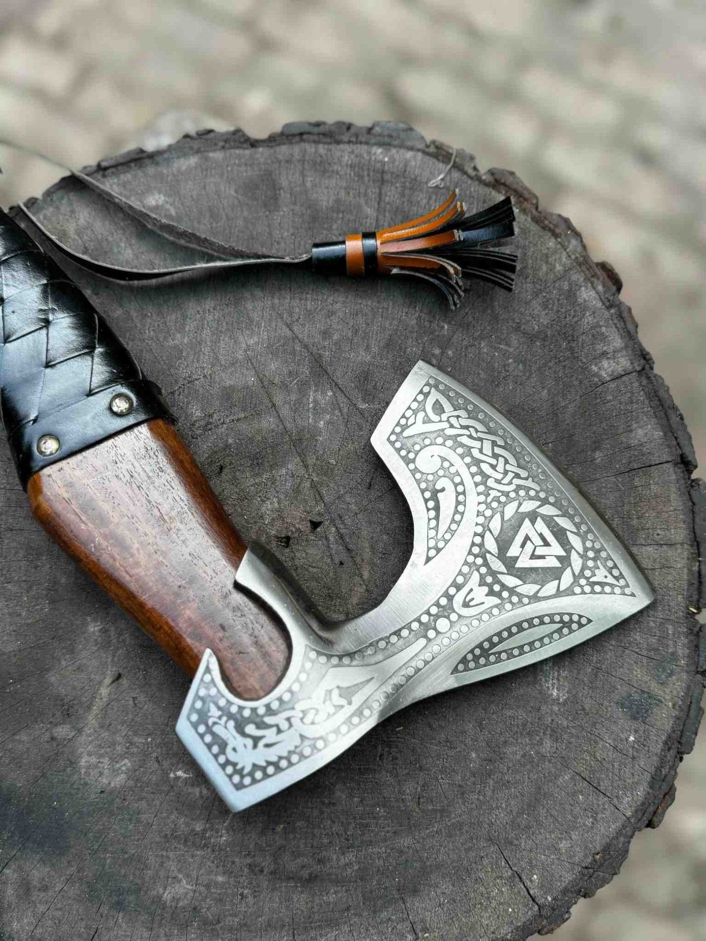 Personalized Viking Axe Bearded Handcrafted Viking Battle Axe – Engraved Carbon Steel Blade with Wooden Handle With Leather Sheath