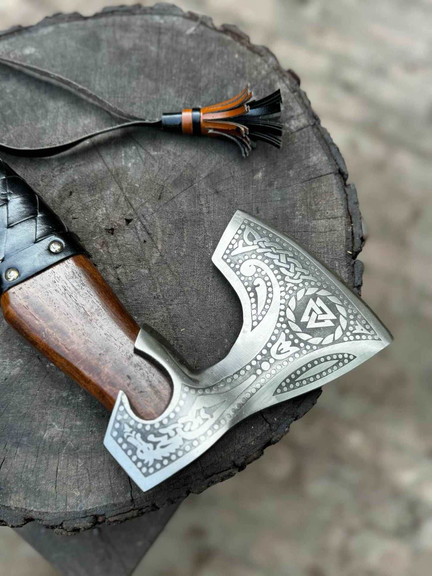 Personalized Viking Axe Bearded Handcrafted Viking Battle Axe – Engraved Carbon Steel Blade with Wooden Handle With Leather Sheath