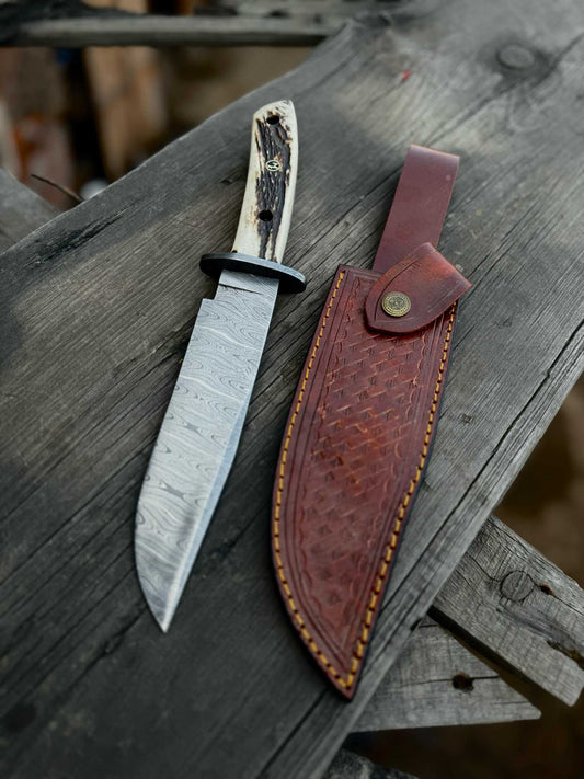 Personalized Bowie Knife Custom Handmade 13" Damascus Bowie Knife – Stag Antler Handle Groomsmen Gift, Gift for her, Gift for him, EDC