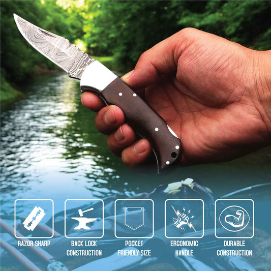 Handmade Damascus Pocket Knife with Rose Wood Handle, Personalized Gift for Men, Birthday, Groomsmen, Anniversary Gift, Folding Knife