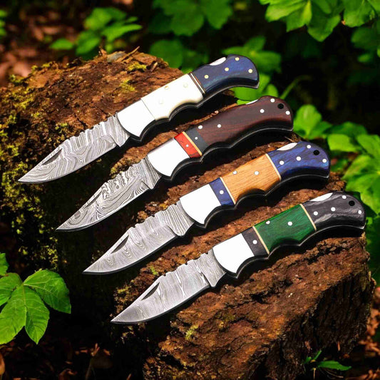 Handmade Damascus Steel Folding Knife Blue & Black Handle Leather Sheath  Pocket Knife, EDC Camping Gift, Groomsmen Gift ,Gift for her