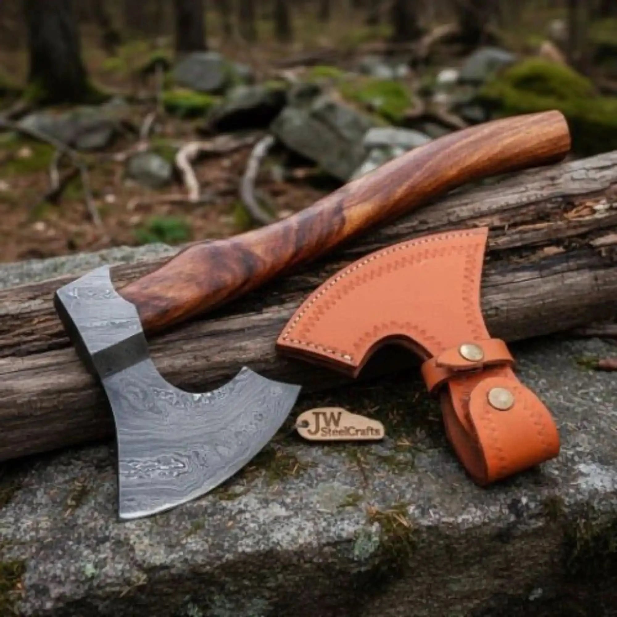 Skeggøx Bearded Damascus Axe with Hardwood Handle and Leather