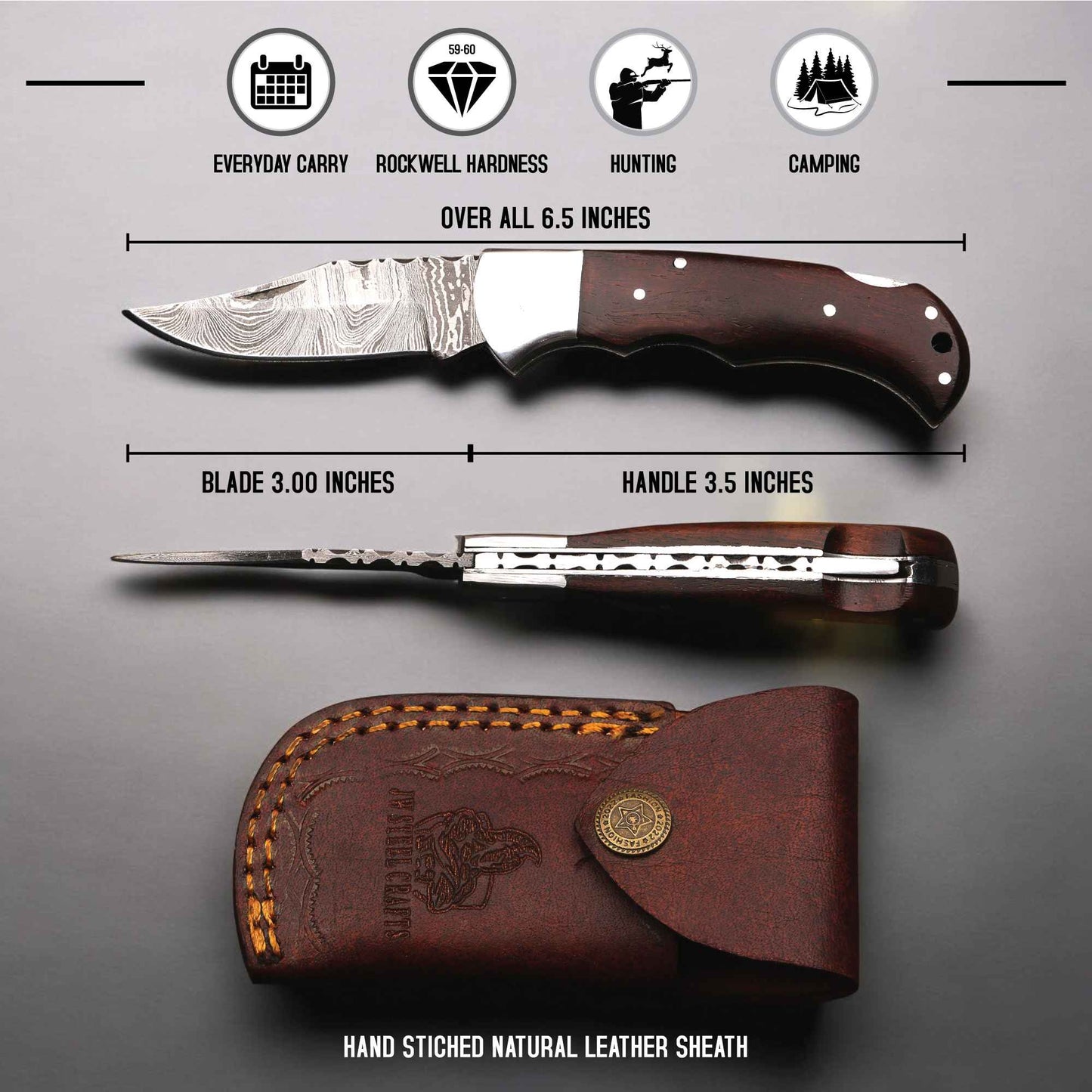 Handmade Damascus Pocket Knife with Rose Wood Handle, Personalized Gift for Men, Birthday, Groomsmen, Anniversary Gift, Folding Knife