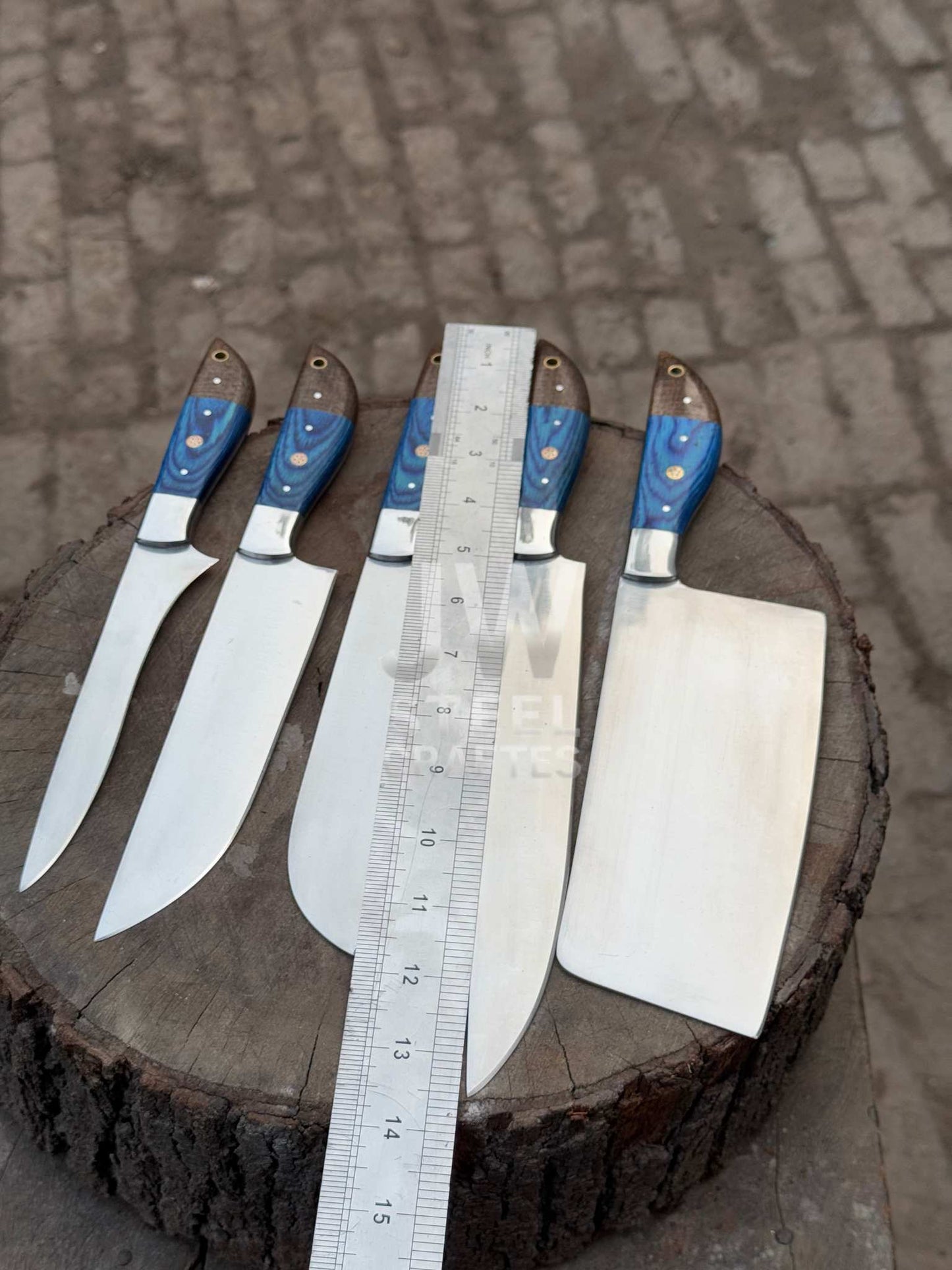 Handmade Damascus Kitchen Knife Set – 5 Piece Chef & Butcher Collection with Blue & Wood Handles