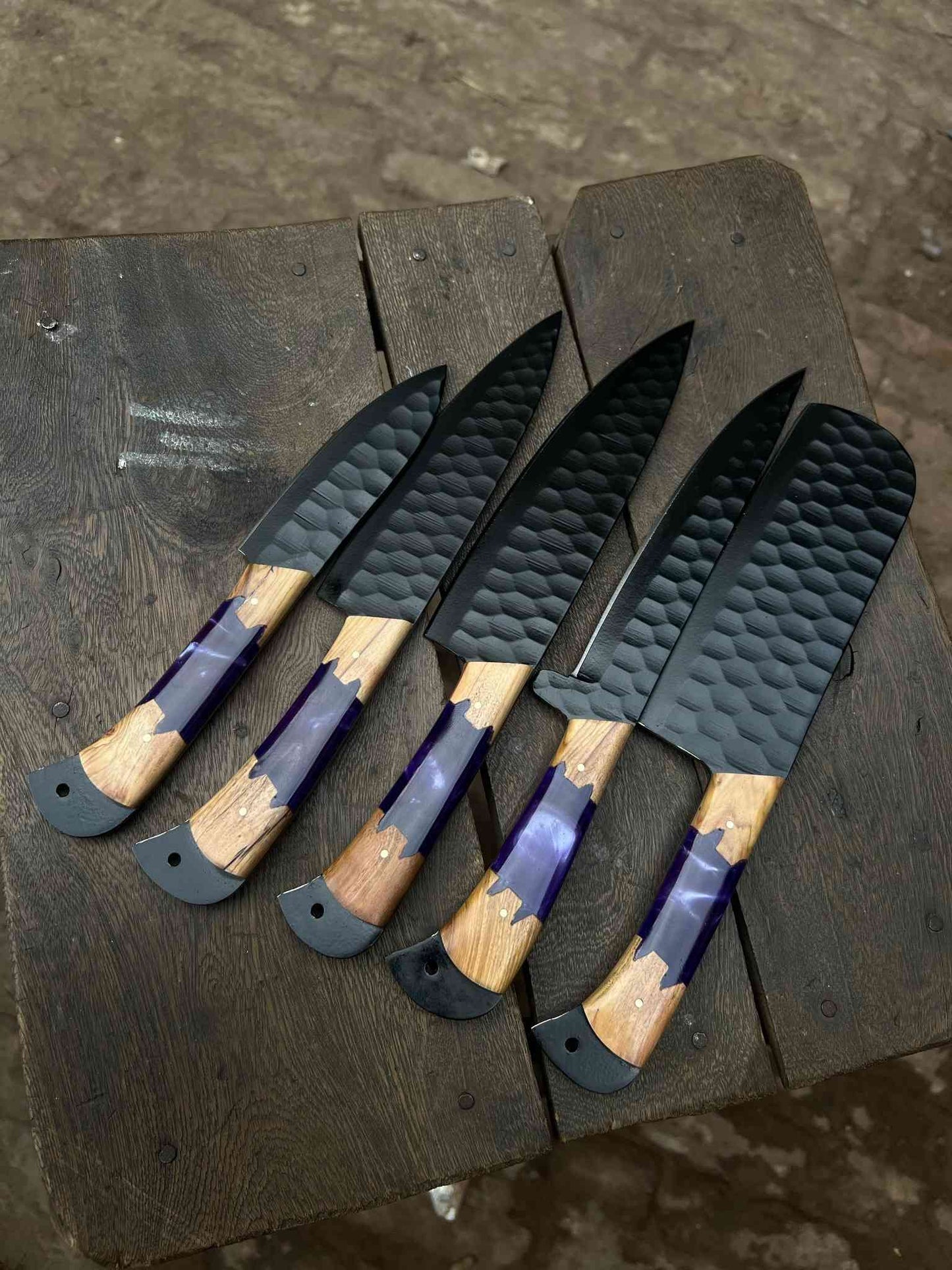 Personalized Chef Knife Set – Handmade Damascus Kitchen Knives with Wood & Purple Resin Handles | Luxury Cooking Gift for Her & Him
