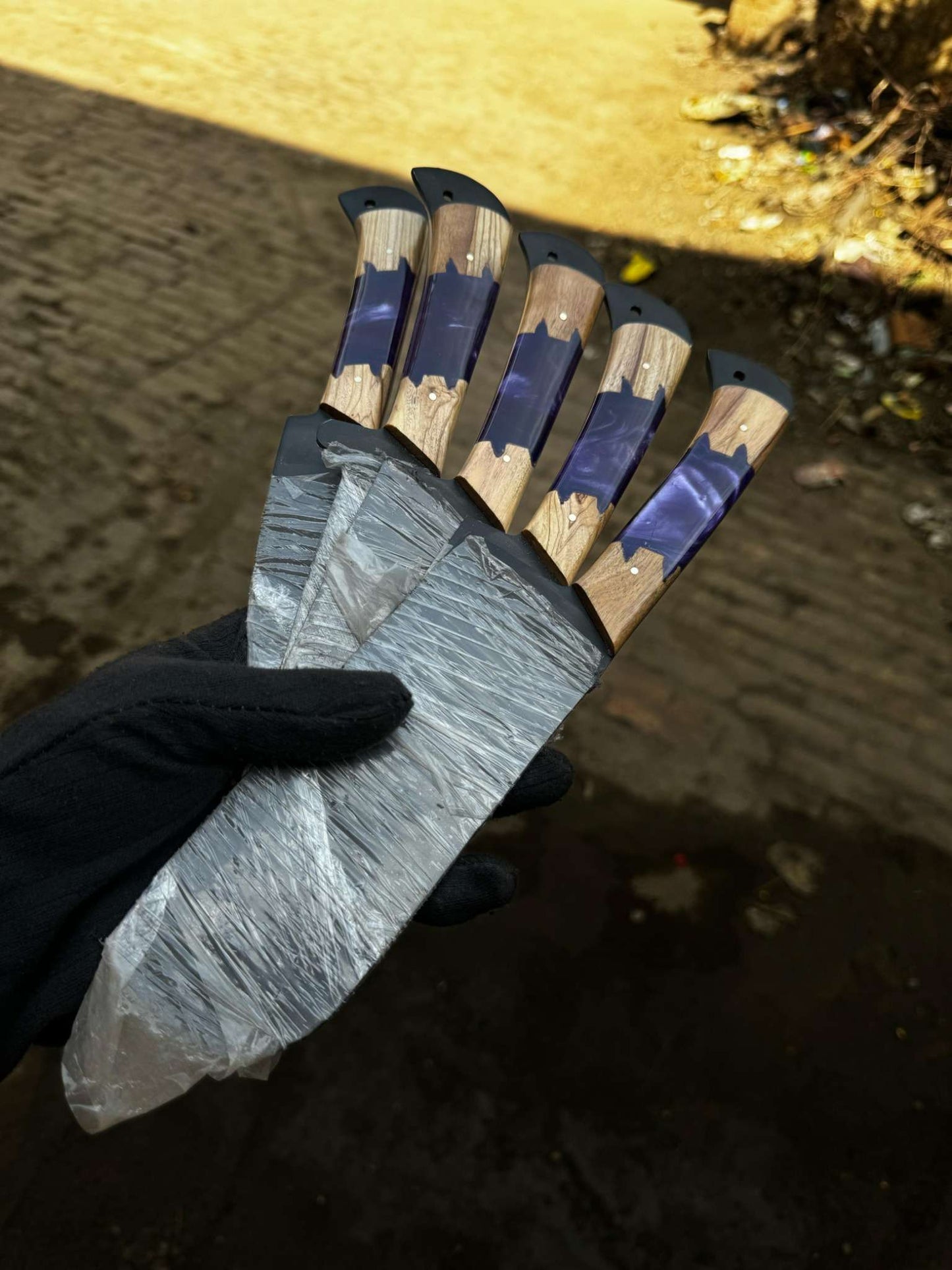 Personalized Chef Knife Set – Handmade Damascus Kitchen Knives with Wood & Purple Resin Handles | Luxury Cooking Gift for Her & Him