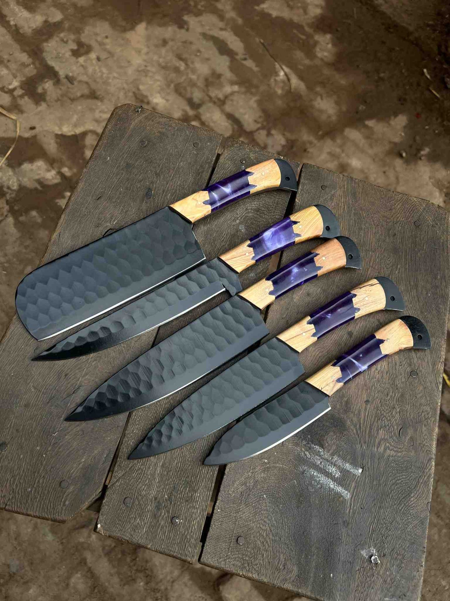 Personalized Chef Knife Set – Handmade Damascus Kitchen Knives with Wood & Purple Resin Handles | Luxury Cooking Gift for Her & Him