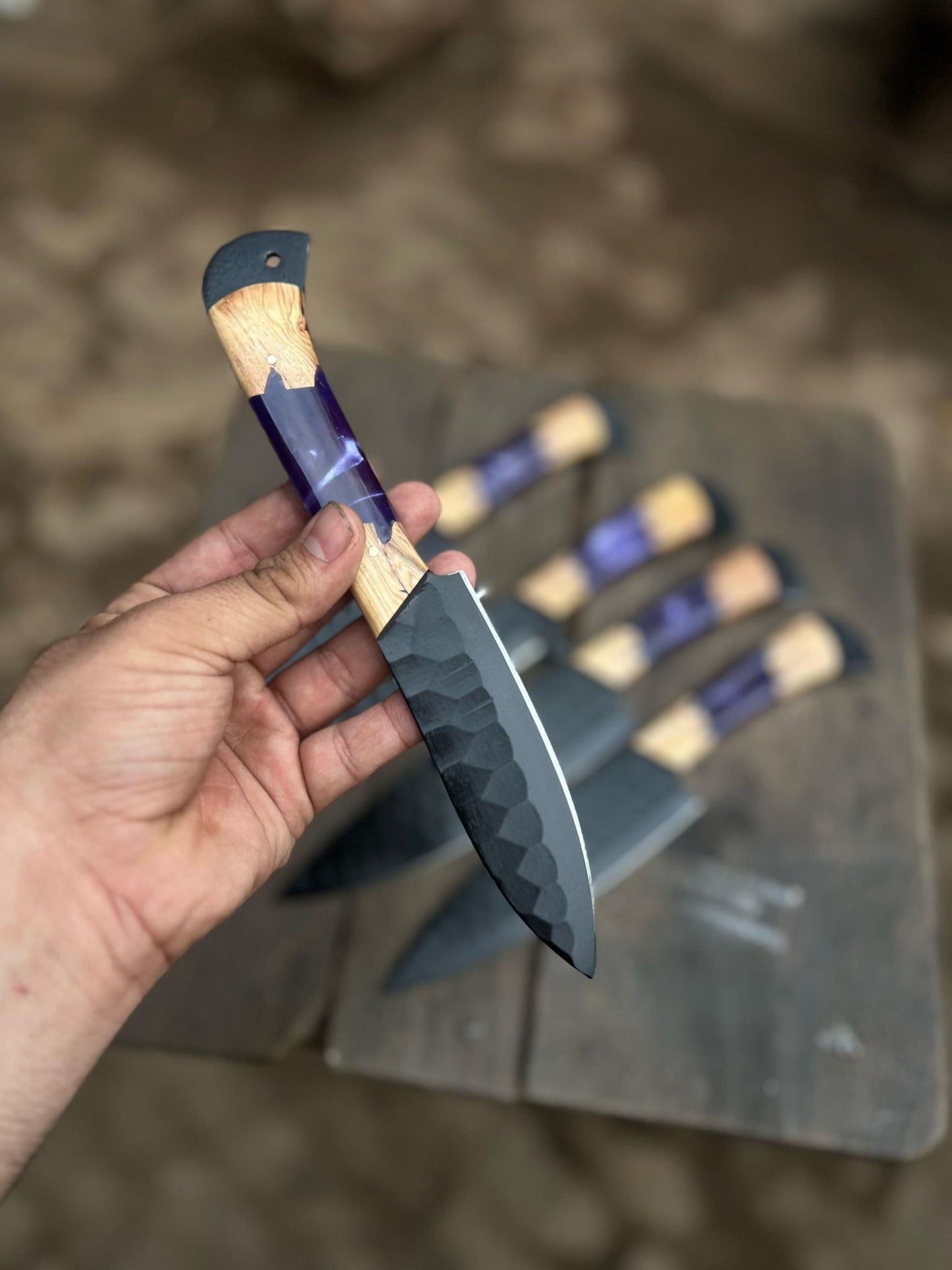 Personalized Chef Knife Set – Handmade Damascus Kitchen Knives with Wood & Purple Resin Handles | Luxury Cooking Gift for Her & Him