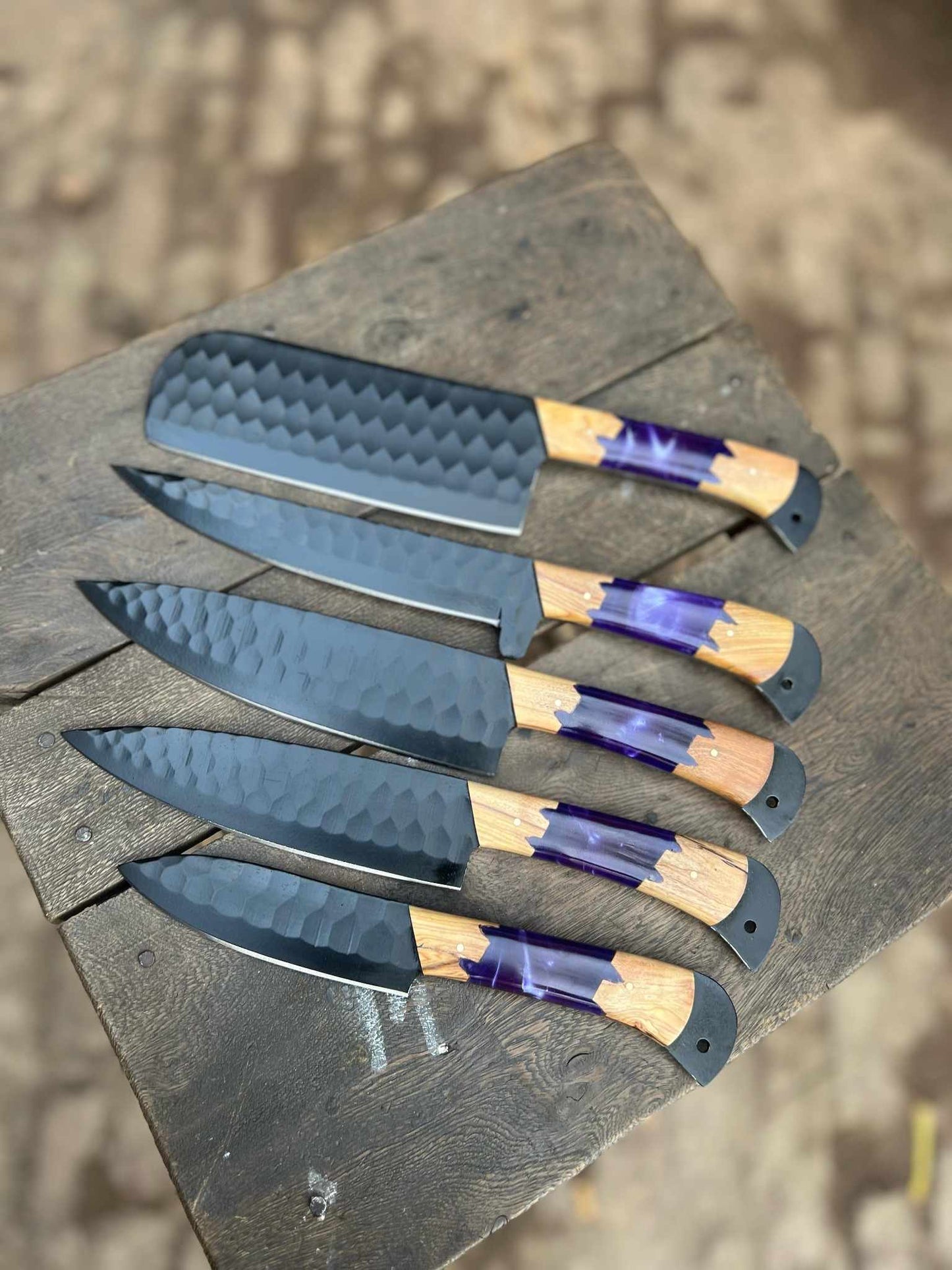 Personalized Chef Knife Set – Handmade Damascus Kitchen Knives with Wood & Purple Resin Handles | Luxury Cooking Gift for Her & Him