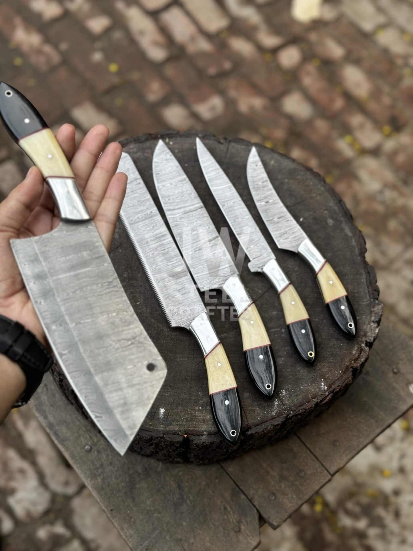 Handmade Damascus Kitchen Knife Set – 5 Piece Chef & Butcher Collection with Dual-Tone Handles