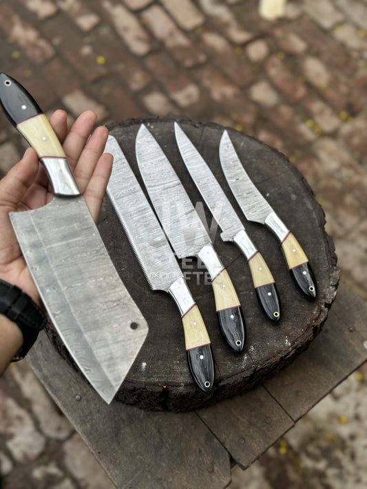 Set of knives with wooden handles on a wooden block outdoors.