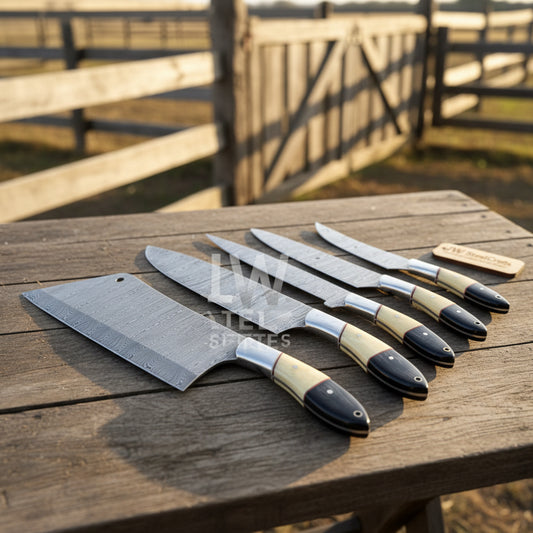 Set of knives with wooden handles on a wooden block outdoors.