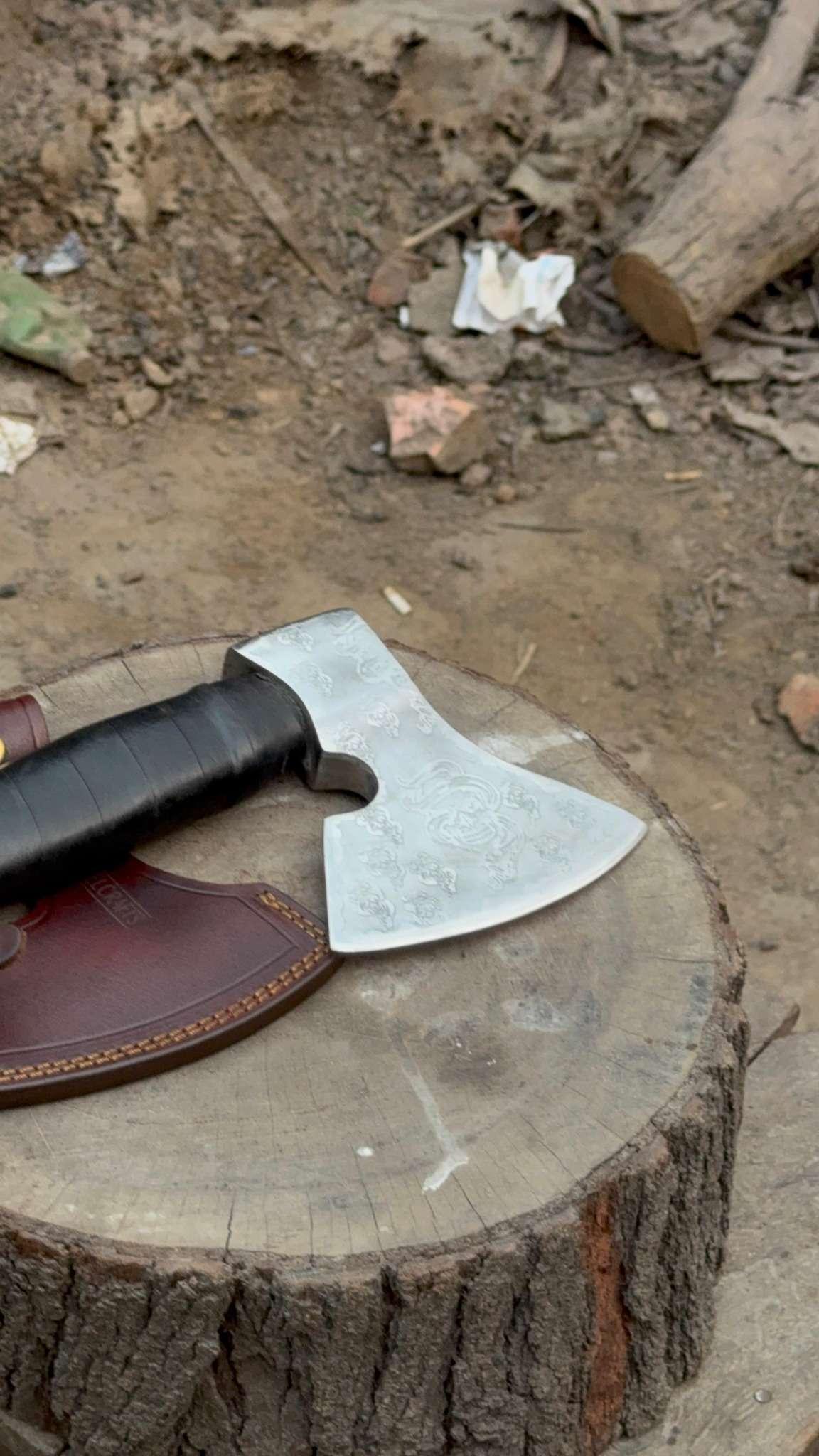 Personalized Viking Axe Hand-Forged  High Carbon Steel Battle Axe with Leather-Wrapped Groomsmen Gift, Wedding Gift, Camping Axe, EDC