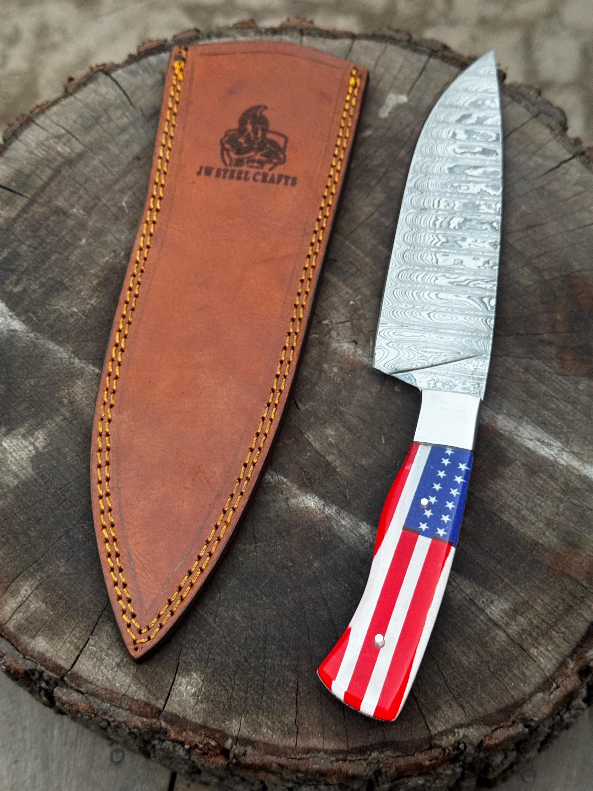 Custom Chef knife Handmade Knife Gift For Father Kitchen Knife Groomsmen Wedding Gift For Him American Flag Handle Damascus Chef Knife