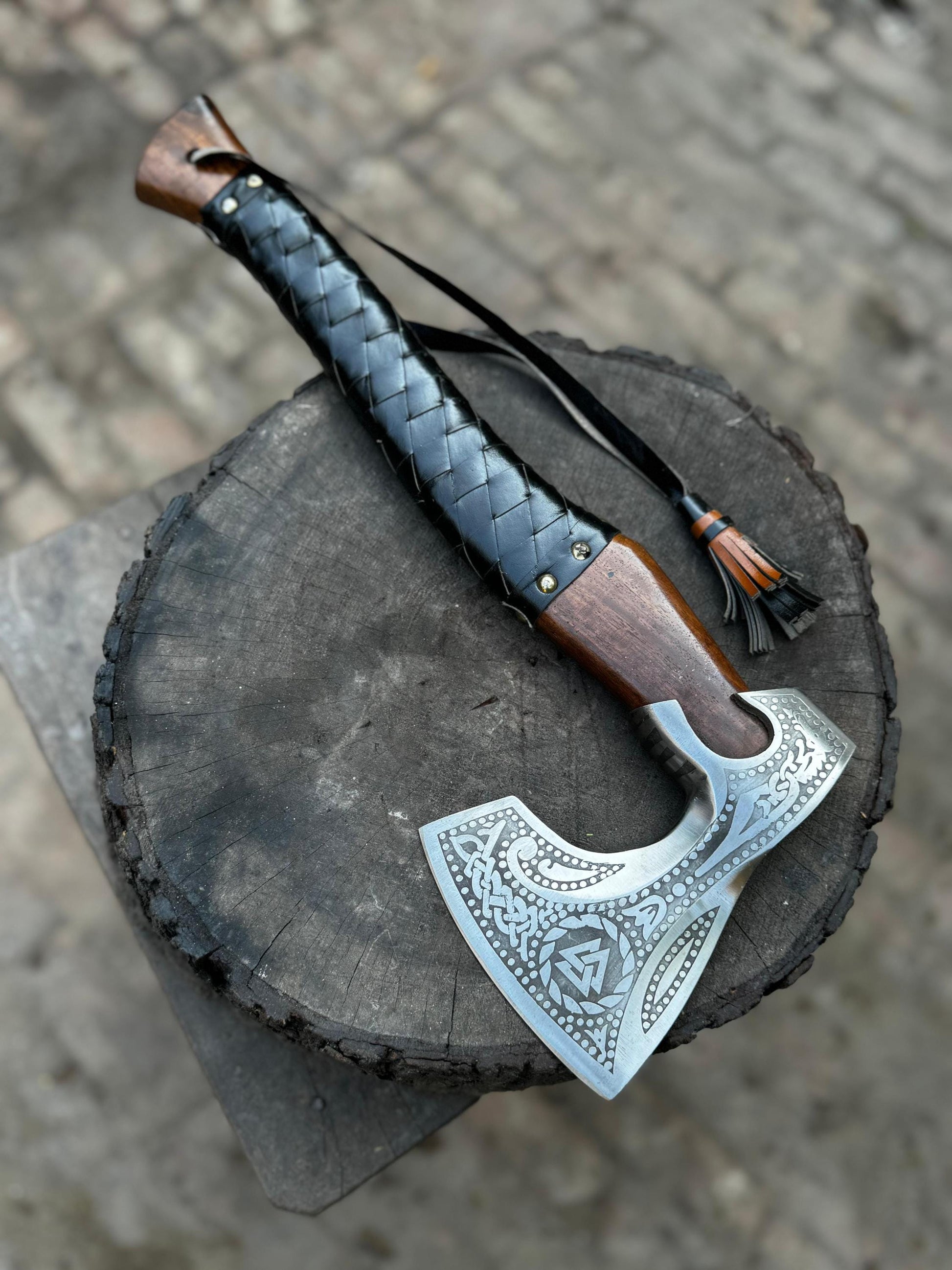 Personalized Viking Axe Bearded Handcrafted Viking Battle Axe – Engraved Carbon Steel Blade with Wooden Handle With Leather Sheath