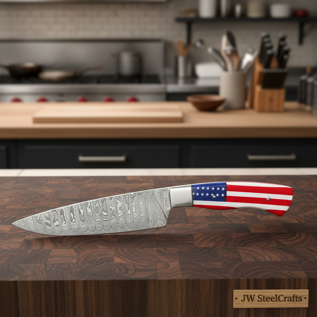 Damascus Steel Chef Knife with USA Flag Handle | Handmade Kitchen Knife