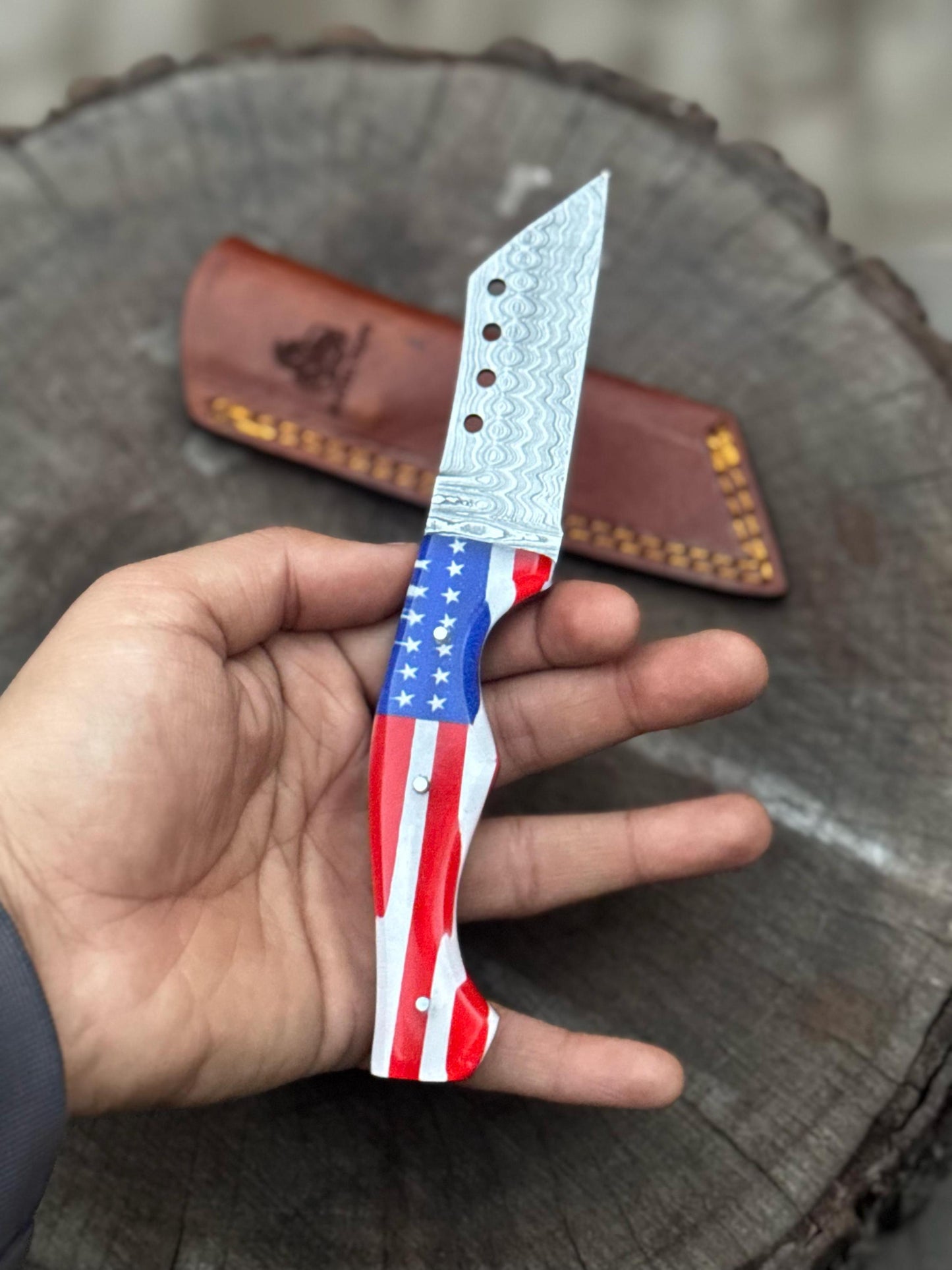 Custom Knife Handmade Damascus Tanto Knife with American Flag Handle, Anniversary Gift, Groomsmen Gift, Gift for her, Gift for Husband