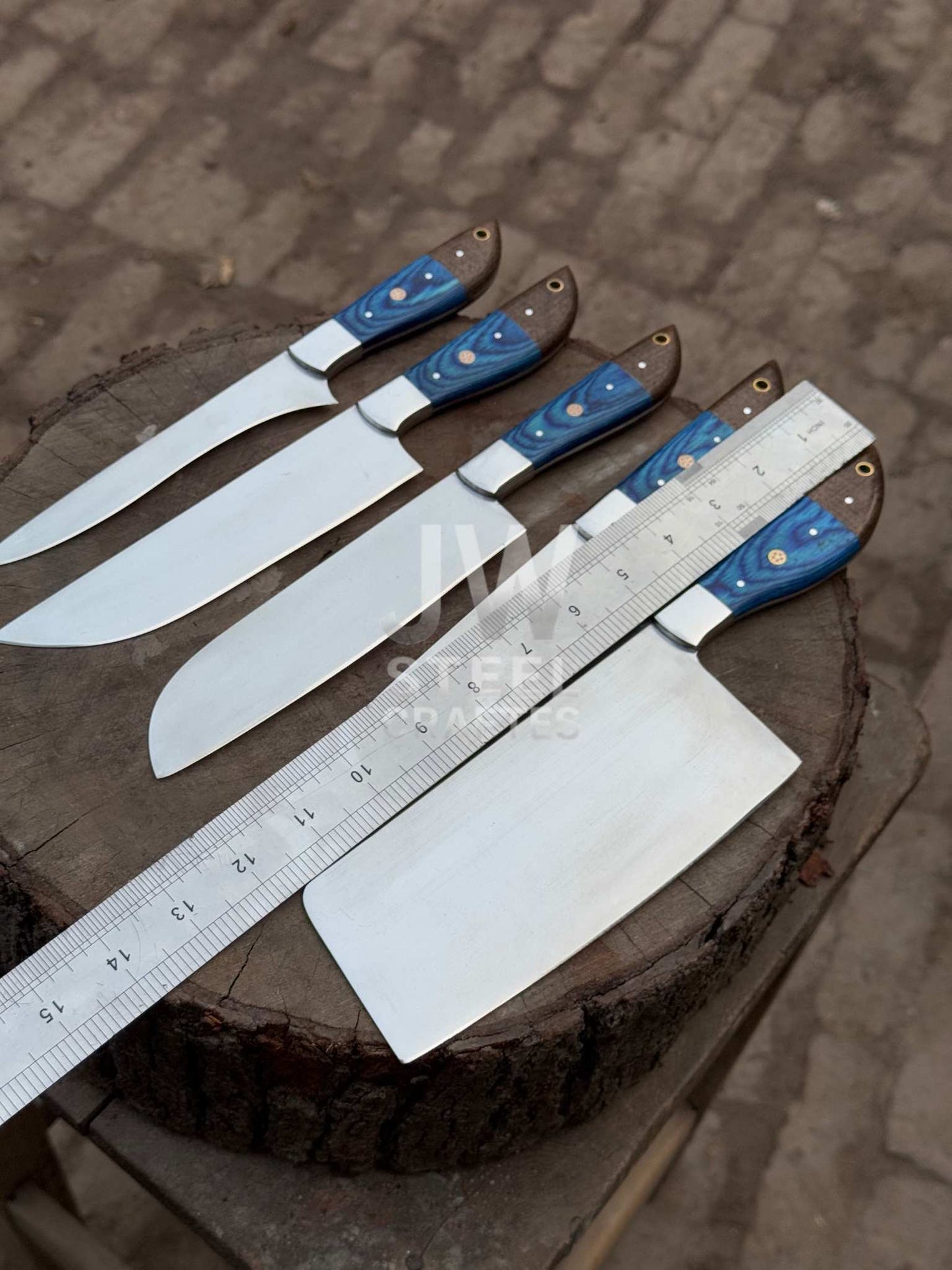 Handmade Damascus Kitchen Knife Set – 5 Piece Chef & Butcher Collection with Blue & Wood Handles
