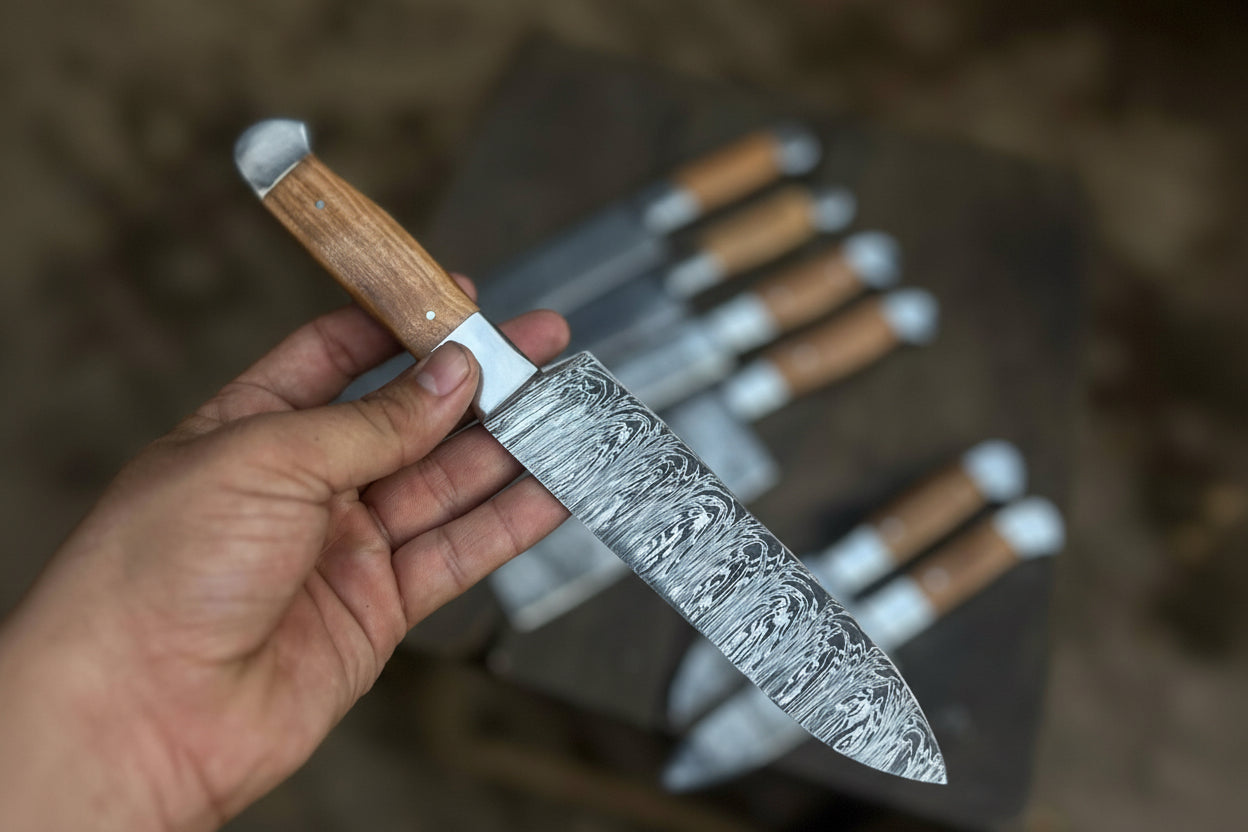 Hand-Forged Chef Knife Set – Pattern Steel with Olive Wood Handles
I