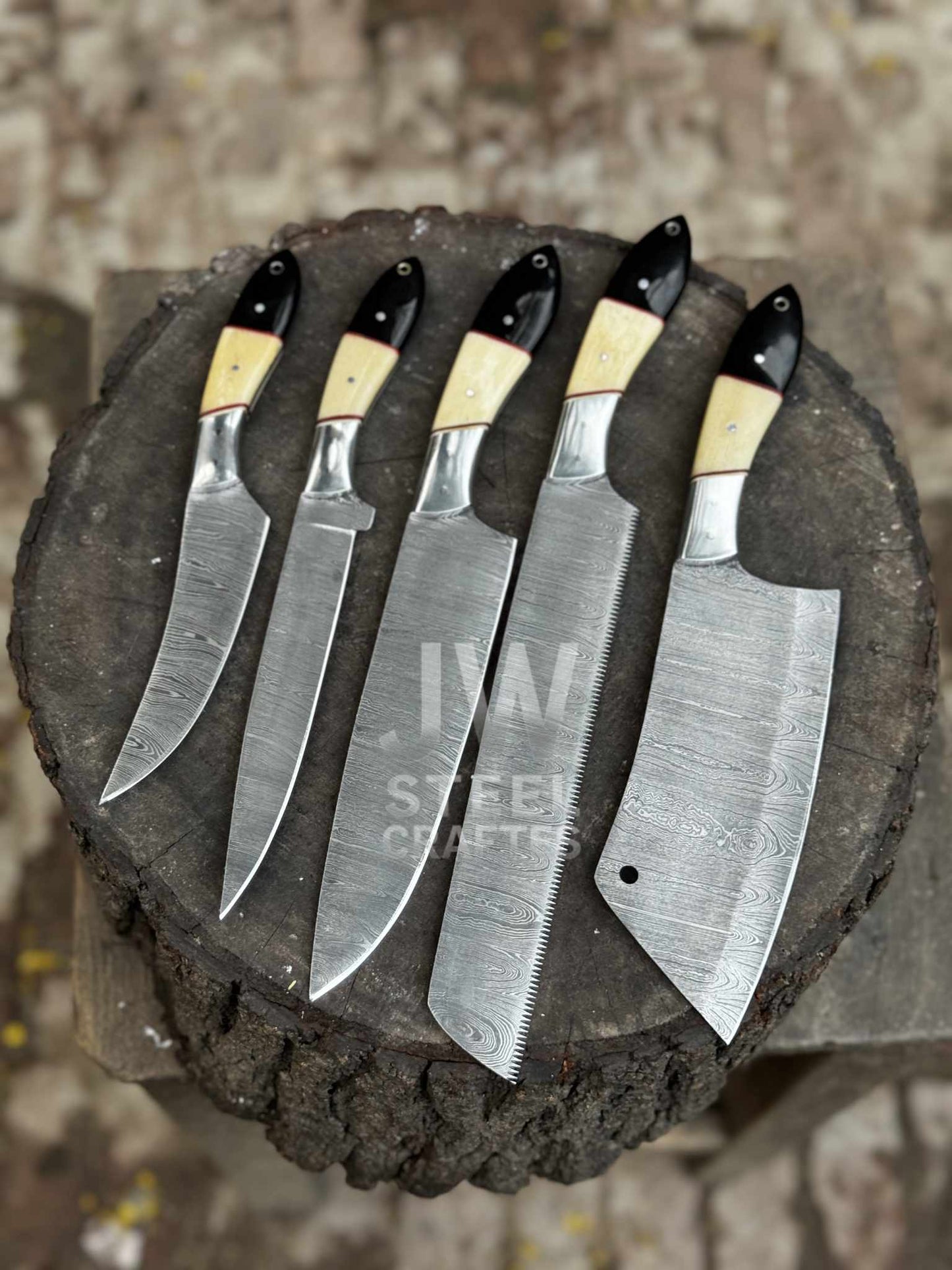 Handmade Damascus Kitchen Knife Set – 5 Piece Chef & Butcher Collection with Dual-Tone Handles