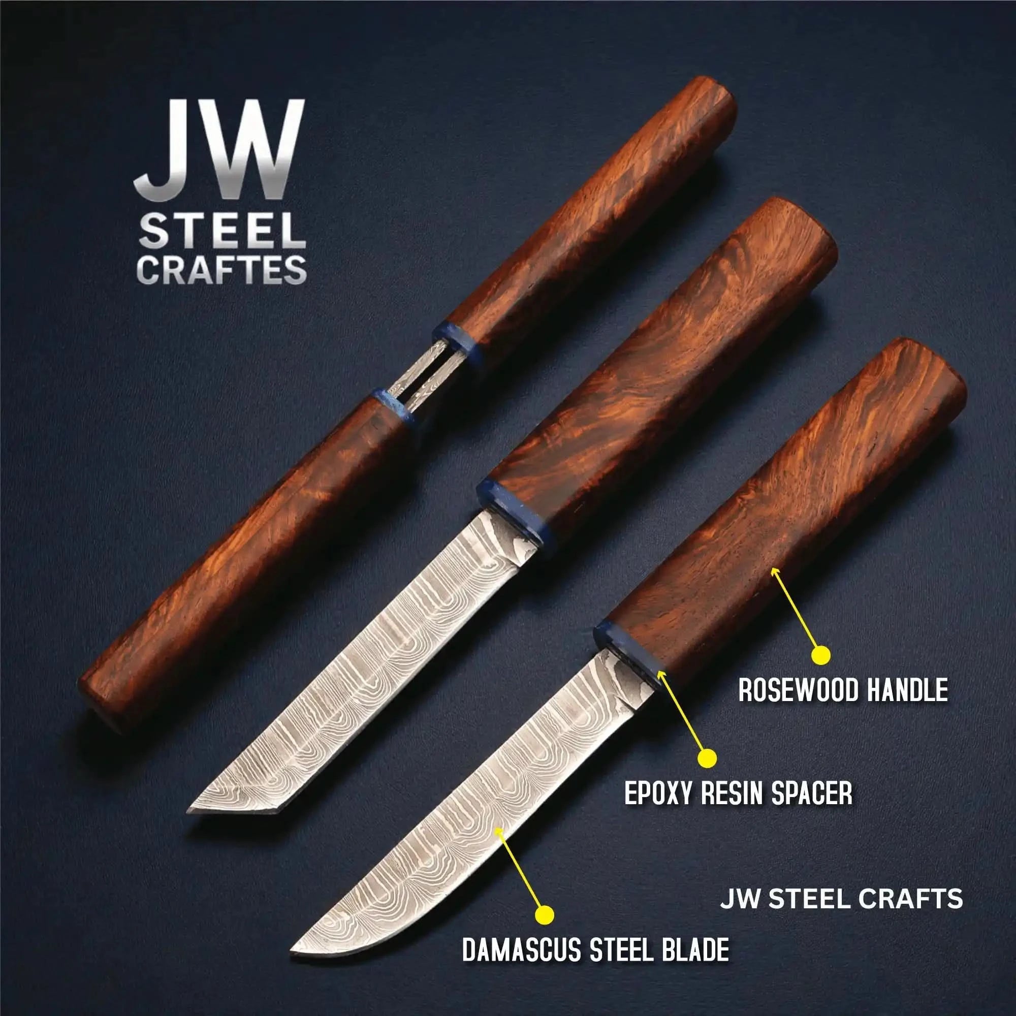 Damascus Utility Knife Rosewood Handle & Wood Scabbard | JW