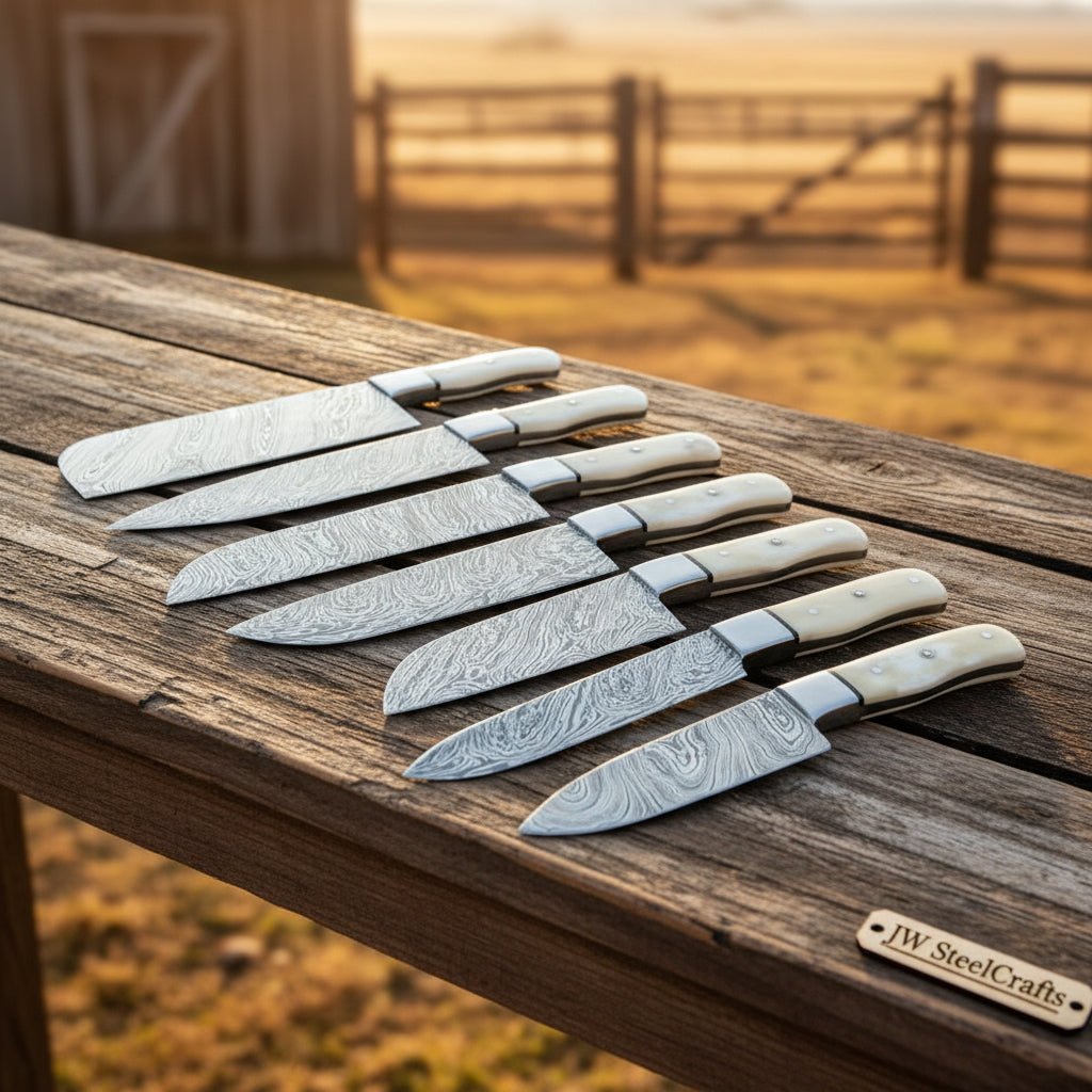 Custom Handmade Damascus 7 Pieces chef Knives 13" With bone Handle DK - 0390 handmade Handmade Chef Knife Sets by JW SteelCrafts