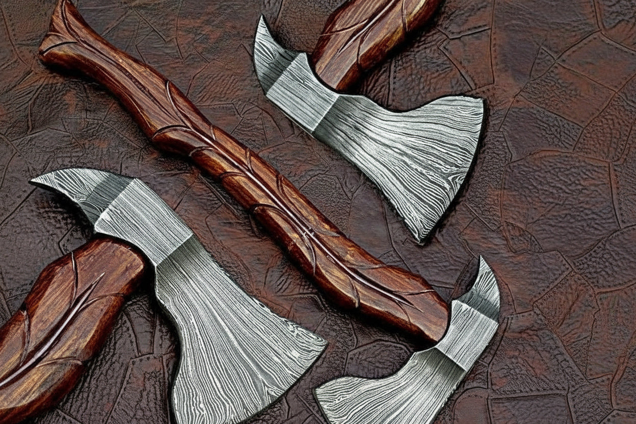Custom Handmade Damascus Steel Burl Wood Axe Hatchet Tomahawk