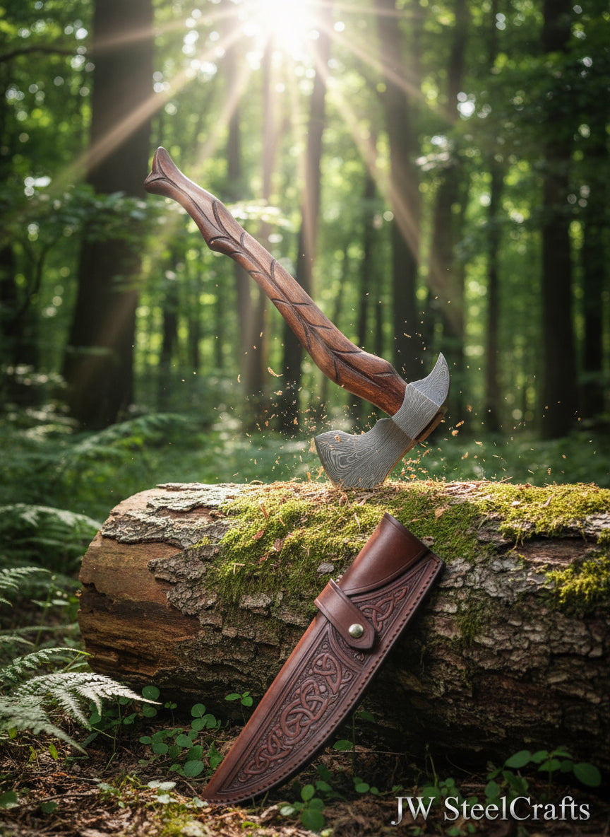 Hand-forged Damascus steel Viking axe with carved rosewood handle being held outdoors, detailed pattern blade, custom bushcraft and throwing hatchet.