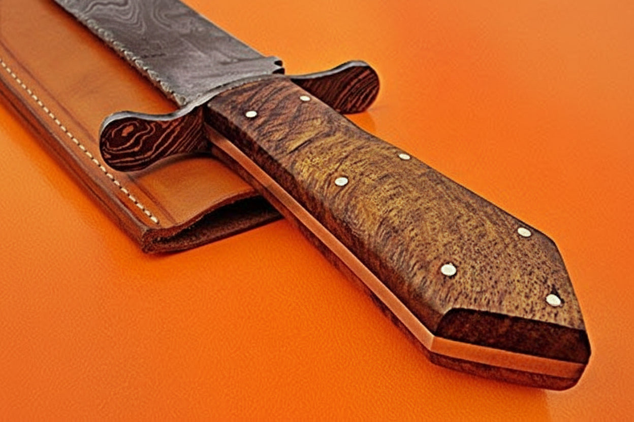 Custom Handmade 15.00 Inches Damascus Steel Bowie Knife – Exotic Rose Wood Handle with Damascus Steel Guard DK-172