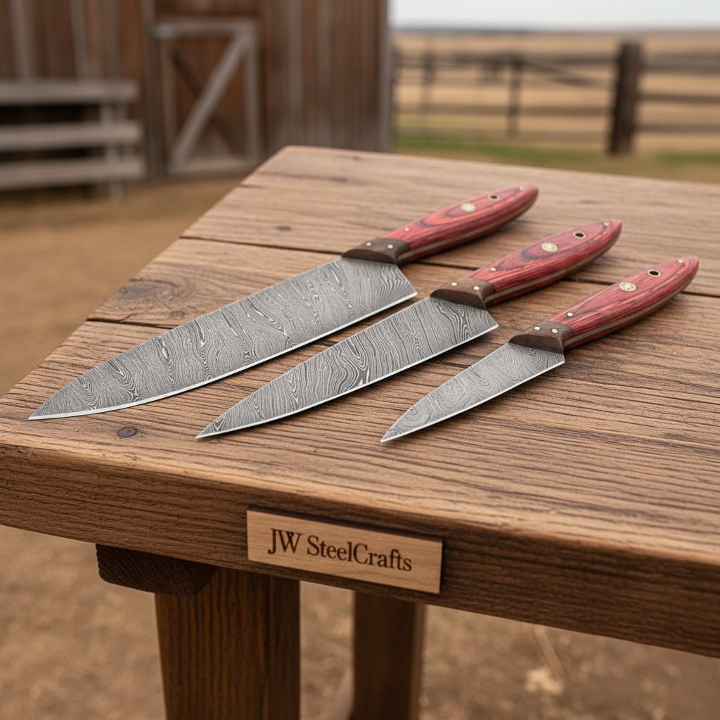 3 PIECES Custom Handmade Damascus steel Chef Knives SET DK - 0323 handmade Handmade Chef Knife Sets by JW SteelCrafts