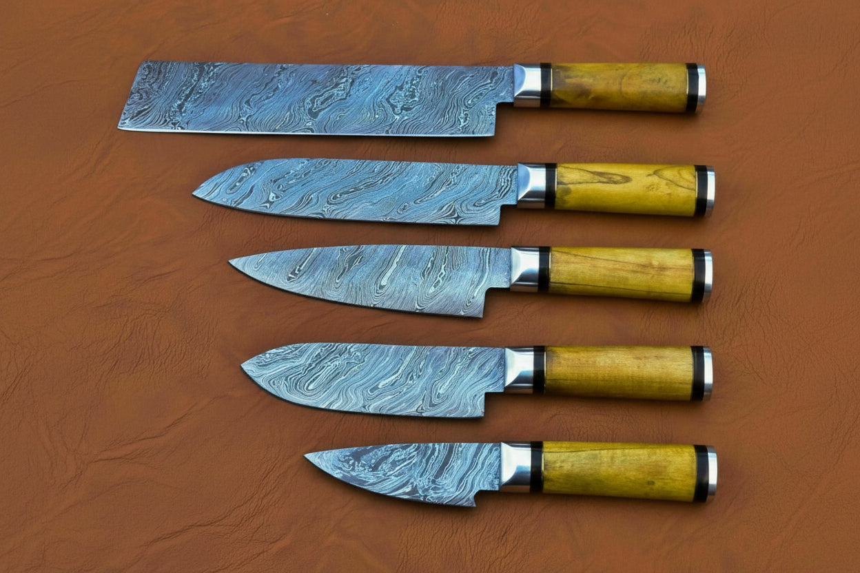 Handmade Damascus Steel Cutlery Chef Knifes Set With Color Wood DK-0300