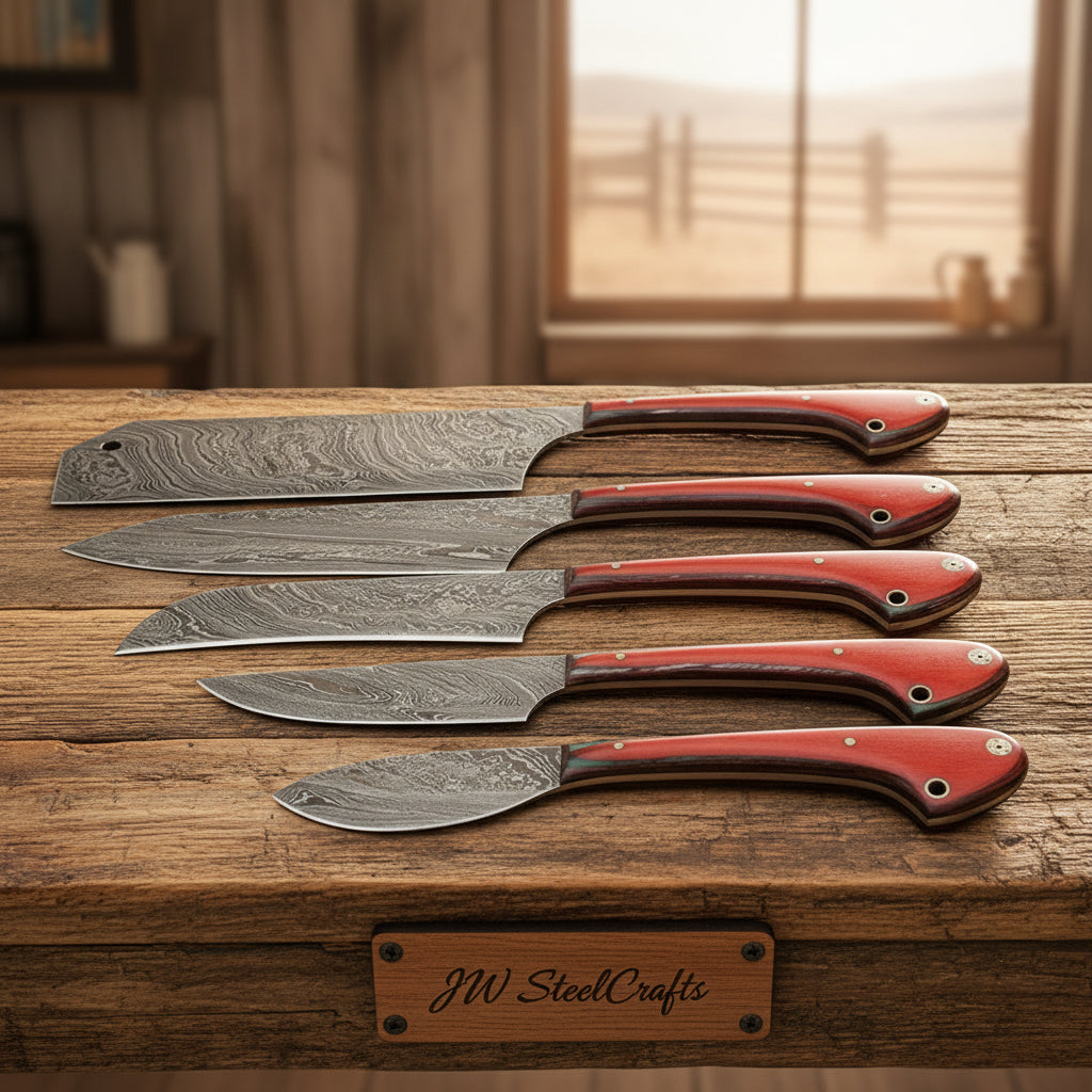 Damascus kitchen knife set of 5 Pcs Colored Wood Handle/Perfect Gift DK-0377