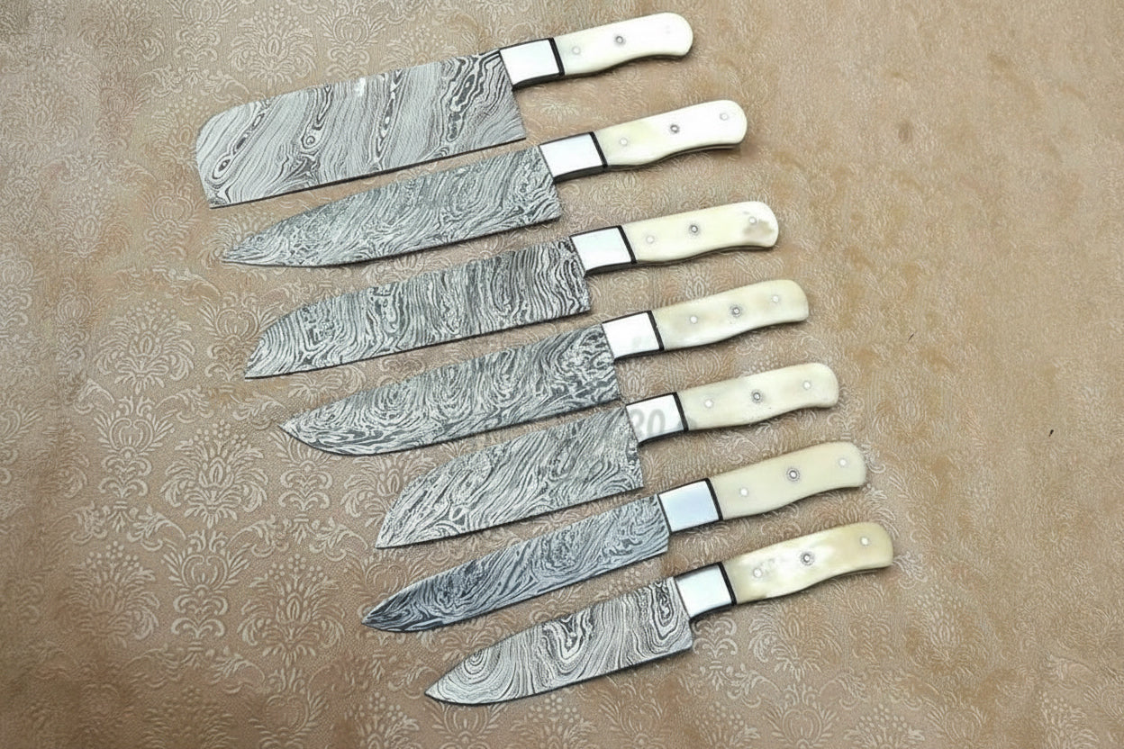 Custom Handmade Damascus 7 Pieces chef Knives 13" With bone Handle DK-0262