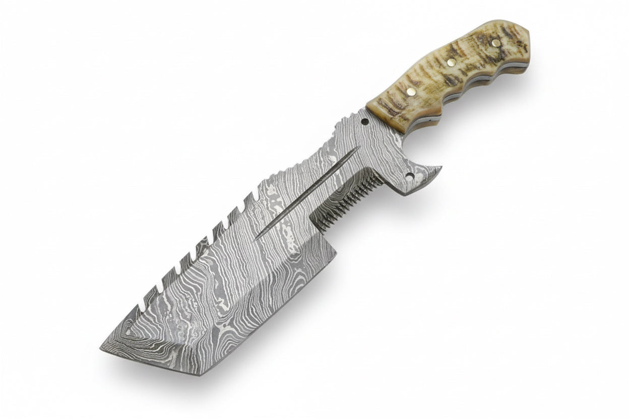 12.5" Full Tang Damascus Blade Hunting Knife Ram's Horn Leather Sheath