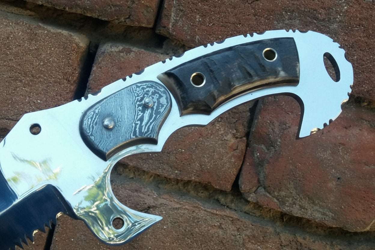 Tracker Knife Custom Handmade J2 Steel Handle Sheep Horn & Damascus Bolster 13"