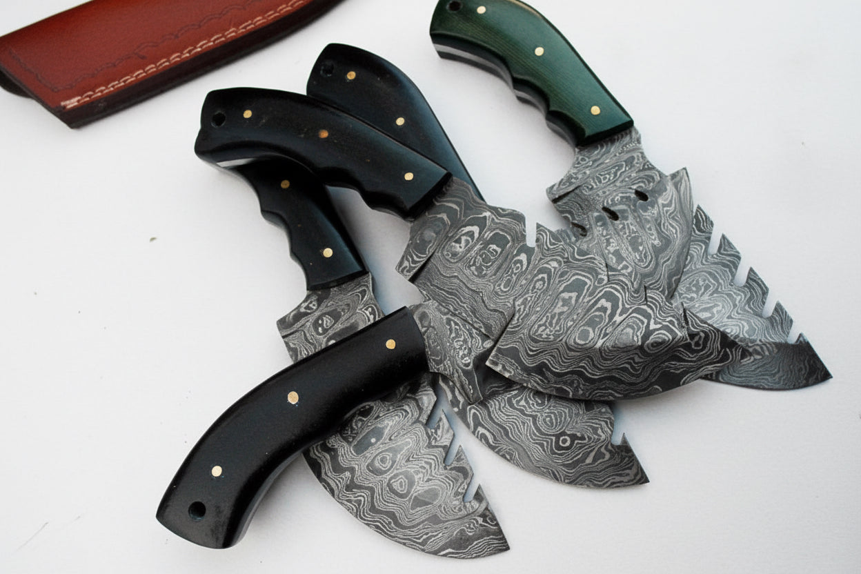 custom hand made Damascus steel hunting knives tracker lot of 5