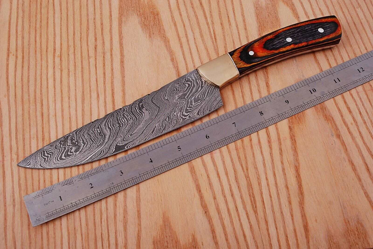 CUSTOM HAND FORGED DAMASCUS STEEL CHEF KNIFE W/ WOOD AND BRASS HAndle