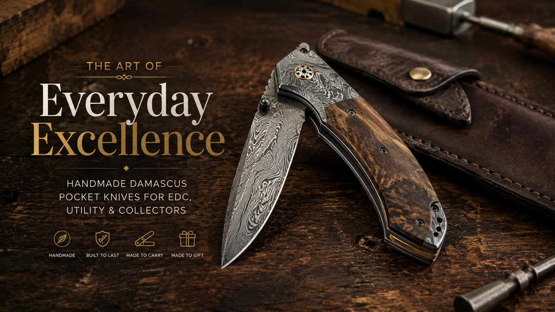 Handmade Damascus pocket knife with leather sheath on a wooden workbench