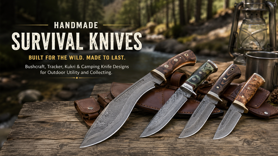 Handmade survival knives with leather sheaths on an outdoor camp table