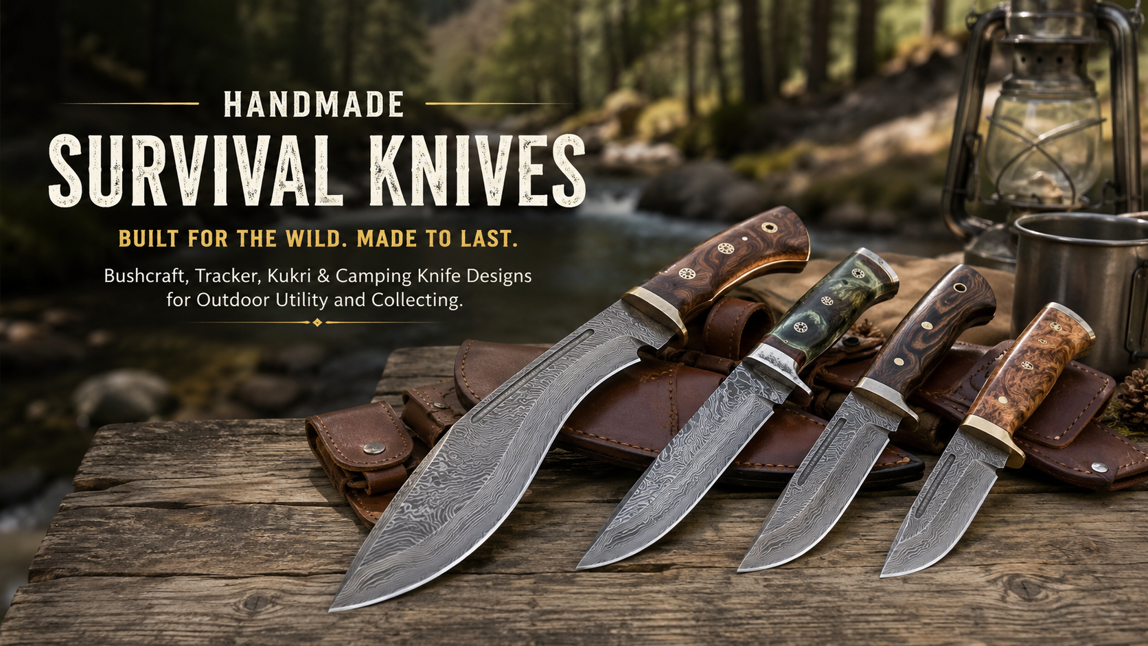 Handmade survival knives with leather sheaths on an outdoor camp table
