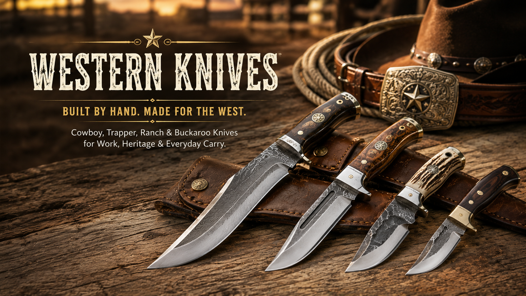 Handmade western knives with leather sheaths on a rustic ranch table
