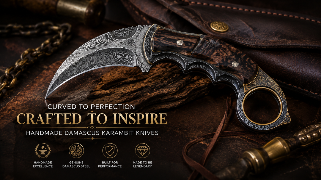 Handmade Damascus karambit knife with ring handle on leather and wood