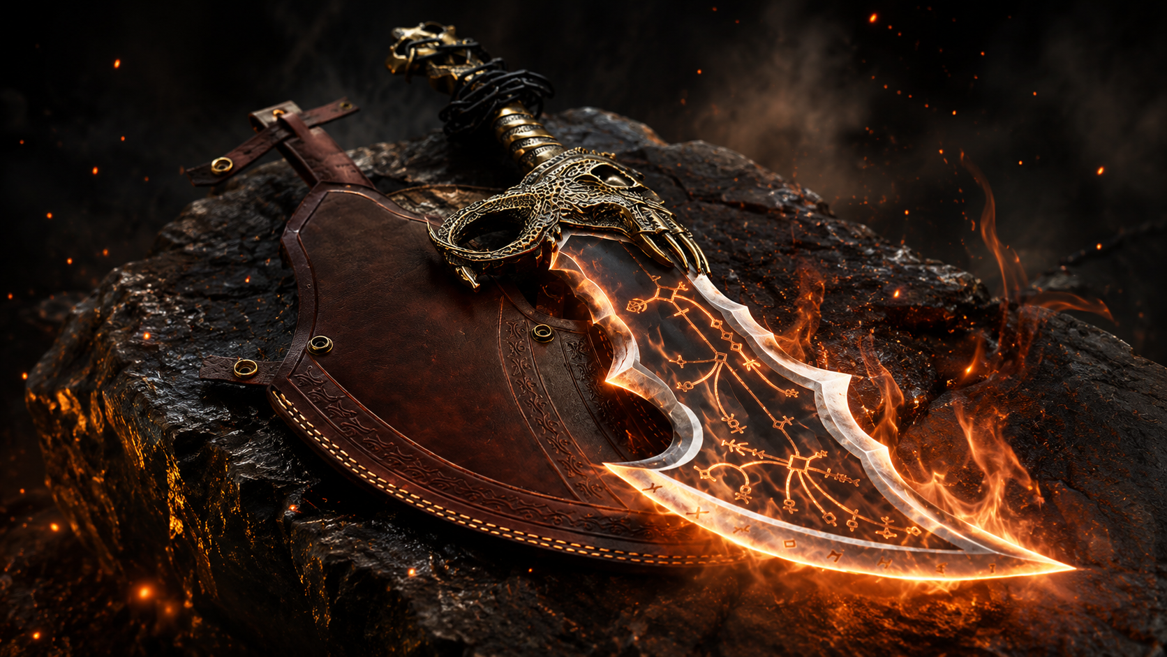 Two crossed fire-wreathed fantasy chained blades on dark stone, evoking the God of War Blades of Chaos