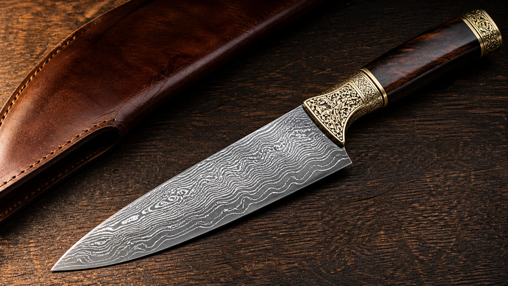 Handmade Damascus steel chef knife with engraved brass handle on dark walnut surface — engraved chef knife gift